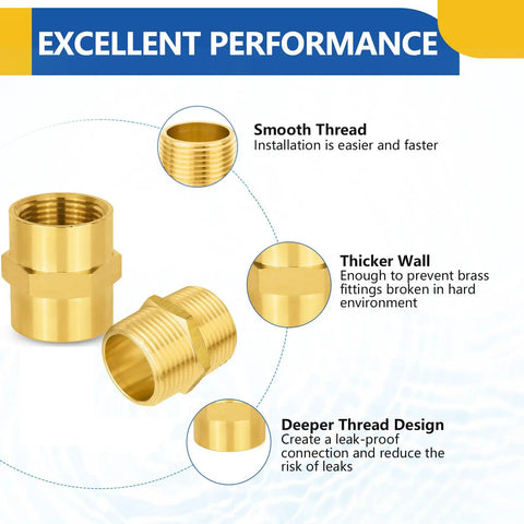 Four Pack Brass Pipe Fittings Set With Two One Inch Male Adapters And Two One Inch Female Adapters Hex Nipples NPT, showing smooth threads and thicker wall