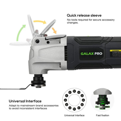Powerful 2.4 Amp Oscillating Multi Tool Kit with six variable speeds and quick lock accessory change, universal interface view