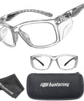 Tough Safety Glasses With Side Shields Anti Fog Clear Lens ANSI Z87 Plus Certified Protective Eyewear For Men And Women Designed For Lab Work Shooting And Industry Includes Carrying Case Super Comfy Fit Zero Smoke Action On Range Or Desk Job Always, displayed with carrying case and cleaning cloth.