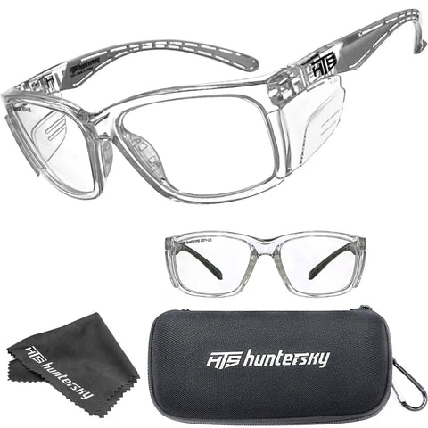 Tough Safety Glasses With Side Shields Anti Fog Clear Lens ANSI Z87 Plus Certified Protective Eyewear For Men And Women Designed For Lab Work Shooting And Industry Includes Carrying Case Super Comfy Fit Zero Smoke Action On Range Or Desk Job Always, displayed with carrying case and cleaning cloth.