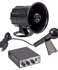 Plug And Play 12 Volt Heavy Duty Electronic Truck Horn And Mobile PA System Featuring Sixty Nine Badass Animal Sounds Quick Trigger Sirens And Crank Tunes For Street Ready Attention Drawing Power with microphone and control box.