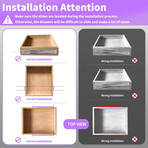 Installation guide highlighting correct and wrong setups for 12 Inch Soft Close Stainless Steel Drawer Slides 1 Pair.