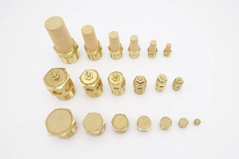 Heavy Duty Solid Brass And Sintered Bronze Pneumatic Air Muffler assortment of sizes and shapes for compressor noise reduction.