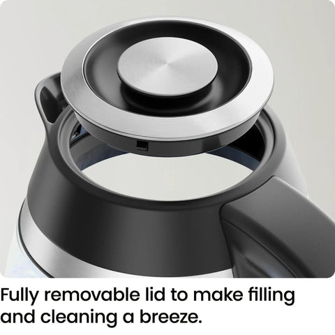 Fast 1.8L Electric Kettle 1500W with removable lid open, showing stainless steel design for easy cleaning and filling.