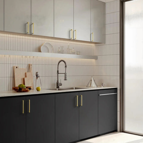 Heftiest 25 Pack of Slick Gold Cabinet Handles Measuring 5 Inch Long Crafted from Heavy Duty Zinc Alloy on kitchen cabinets.
