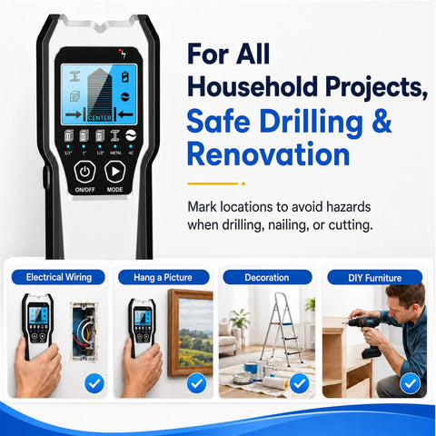 Straight Up Reliable Stud Finder Wall Scanner Five In One Upgraded Drywall Detector With Bright Lcd Panel And Sharp Audio Alerts For Locating Wood Metal Ac Wire Pipes And Joists Dead On Target with glowing LCD display.
