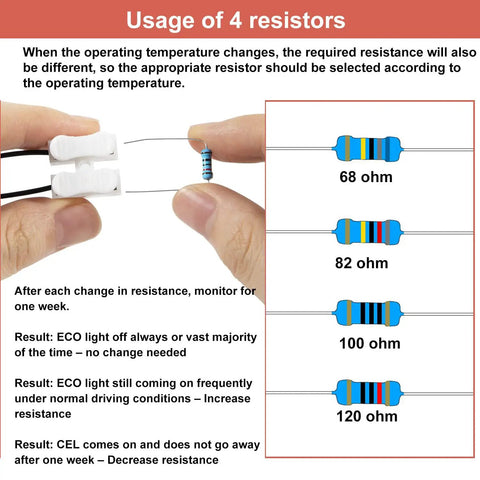 Usage of resistors for Plug And Play VCM Disable Harness For Honda 3.5L V6 Engines, showing 68, 82, 100, and 120 ohm options.