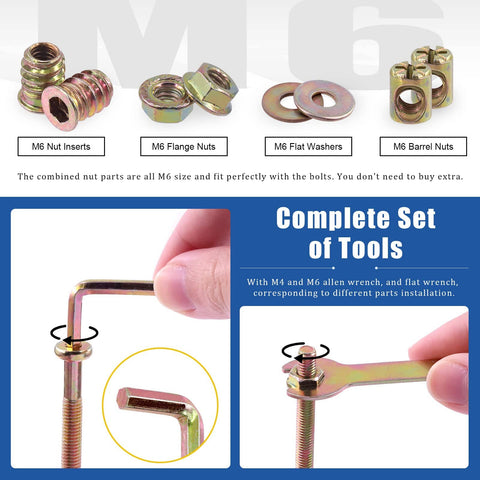 M6 Hex Socket Cap Screw Hardware Kit for Baby Cribs and Furniture with tools, inserts, nuts and washers, close-up details