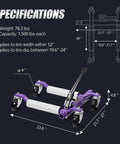 Specifications for Badass Heavy Duty Car Wheel Dollies For Slick Garage Transfers, showing dimensions and weight details.