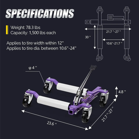 Specifications for Badass Heavy Duty Car Wheel Dollies For Slick Garage Transfers, showing dimensions and weight details.