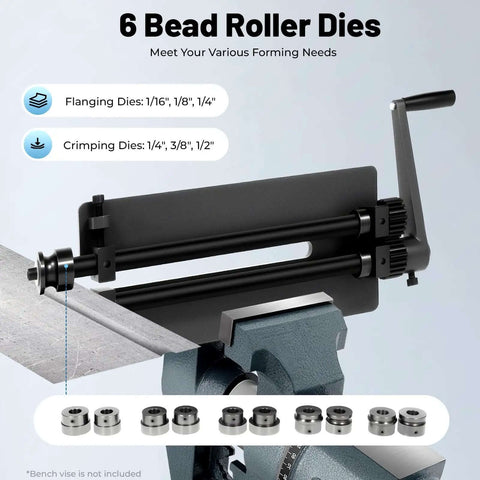 12 Inch Throat Depth Manual Bead Roller Tool Pro Grade with 6 Dies and Allen Key for Long Sheets, shown mounted on bench with dies displayed