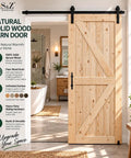 Unfinished 42 Inch by 84 Inch British Brace Knotty Barn Door with Double Sided Finish Made of Solid Canadian Spruce Includes Sliding Hardware Kit for the Flex to Stain or Paint and Effortless Assembly for Smooth Operation Results in a modern bathroom.