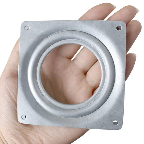 18 Pack Square Lazy Susan Hardware Four Inch Heavy Duty Zinc Steel Swivel Bearings held in hand, showing detailed structure.