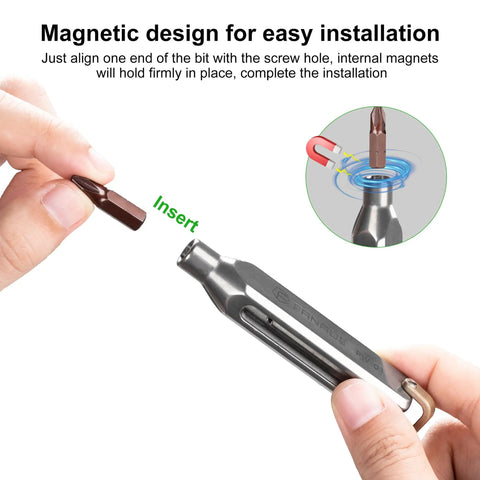 Slick Titanium Pocket Screwdriver Featuring Ten Versatile Bit Sizes Magnetic Repair Multitool And Precision EDC Gear, demonstrating magnetic bit insertion.