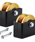 2 Pack Built Tough 4 Inch V Groove Sliding Gate Rollers With Welded Brackets And Dual Sealed Bearings Crushing A Solid 3000 Pound Load For Corrosion Resistant Yard Glide with golden wheels and black mounts.