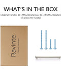 Box contents showing Ten Pack Six And A Quarter Inch Square Kitchen Cabinet Handles in Satin Nickel Finish with screws for installation.