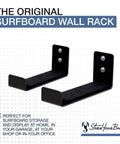 Minimalist Surfboard Wall Mount Rack With Felt Padded Arms Heavy Duty Surf Storage Solution For Garage Or Apartment showing black aluminum design.