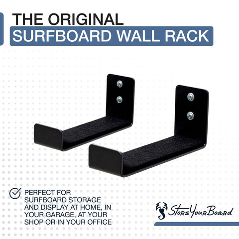 Minimalist Surfboard Wall Mount Rack With Felt Padded Arms Heavy Duty Surf Storage Solution For Garage Or Apartment showing black aluminum design.