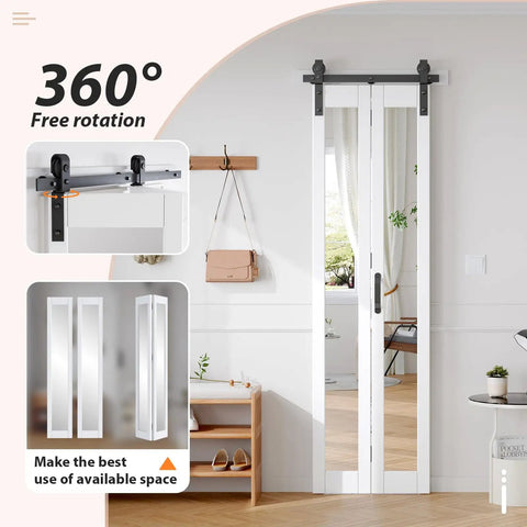 White Bifold Barn Doors 24X84 Inch Featuring Killer Full Length Mirror Easy Glide Hardware Super Solid Frame Smart Space Saver Room Divider That Really Makes Your Place Pop And Stay Bright with 360° rotation.