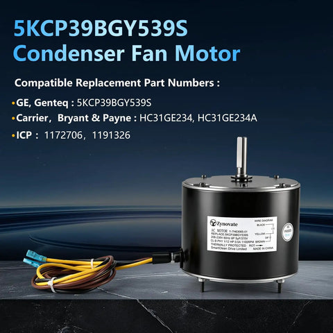 Top Shelf 5KCP39BGY539S Condenser Fan Motor Swap For Ac Systems 1/12 Hp 1100 Rpm 208 To 230 Volt with wiring connections.