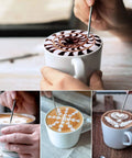 Person using a 20oz Stainless Steel Milk Frothing Pitcher With Latte Art Pen for Home Espresso Machines And Coffee Bars to create intricate latte art designs on coffee.
