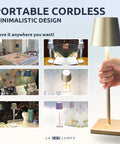 Collage of 13 Inch Aluminum Cordless Table Lamp With 5200mAh Battery, USB C Rechargeable, 3 Way Dimmable Touch Light in various settings