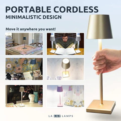 Collage of 13 Inch Aluminum Cordless Table Lamp With 5200mAh Battery, USB C Rechargeable, 3 Way Dimmable Touch Light in various settings