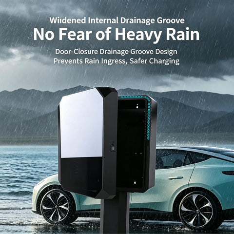 Weatherproof EV Charger Box With Double Lock Guard For Outdoor Use Tough As Nails Metal Shell in rain with drainage groove design.
