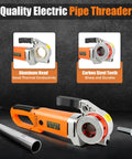 Heavy Duty Electric Pipe Threader Driven By A 2300 Watt Motor And 110V Plug, showcasing aluminum head and carbon steel cutters.