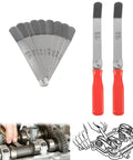 Front view of A308 offset valve tappet gauge set with 11-blade feeler gauges and two red-handled blades for 0.004–0.014 in automotive valve clearance.