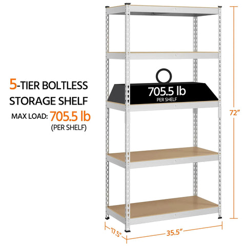 Built Like A Tank Five Tier Storage Shelf With Heavy Duty Iron Frame And Solid Wood Boards Silver Finish, 72 inches tall.