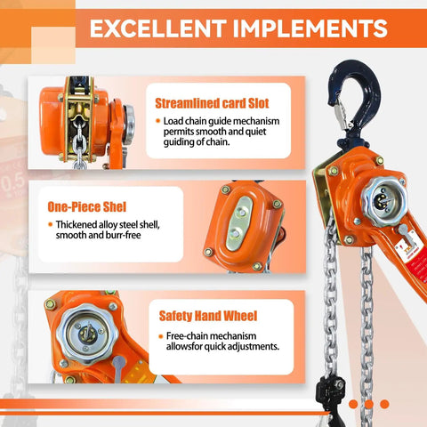 Heavy Duty 3300 Lbs Lever Chain Hoist With 20 Ft Manual Ratchet Chain Puller, safety hand wheel, and two hooks details.