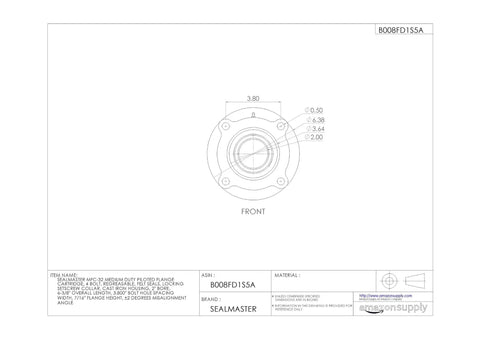 Rock Solid Medium Duty Flange Mount Ball Bearing Unit With 2 Inch Bore and detailed dimensions on a technical drawing.