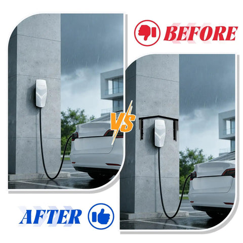 Built Tough Aluminum EV Charger Cover And All Weather Sun Shield For Wall Mounted Electric Vehicle Stations protecting charger from rain.