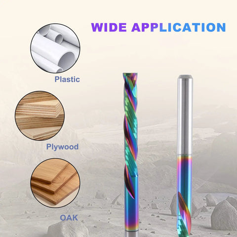 Five Pack One Eighth Inch Shank Compression Router Bits With Two Flute Up and Down Cut End Mills Pro Grade Solid Carbide With DLC Coating for Plastic, Plywood, Oak engraving.