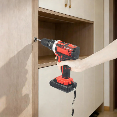 Person using Badass Cordless Electric Drill Set 24 Piece with 2 Speed Variable Control to assemble furniture.