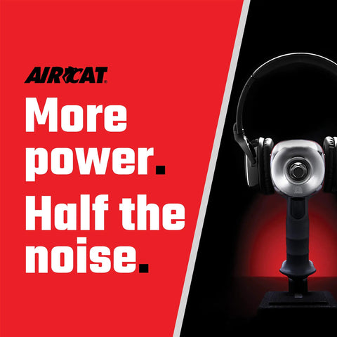 AirCat branding with "More power. Half the noise." slogan, featuring a silhouette of headphones and a tool.