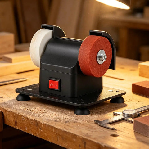 Real Badass Compact Dual Wheel Mini Bench Grinder Tabletop Sander For Tool Edge Sharpening And Stubborn Burr Removal on wooden workbench