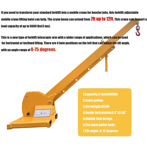 Built Tough Forklift Jib Boom Telescopic Crane Attachment With 0 To 75 Degrees Tilt And 4400 Pound Capacity, yellow, extends 7 to 12 feet.