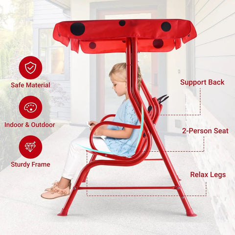 Side view of child sitting on Two Seat Porch Swing With Adjustable Canopy And Stand, Kid Friendly Outdoor Swing Bench, with safety belts