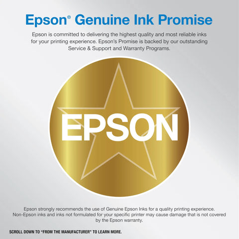 Epson Genuine Ink Promise logo with gold star and text explaining Epson's commitment to quality and reliability.
