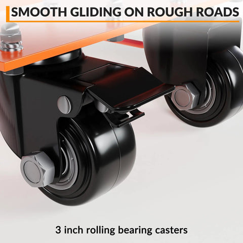 Heavy Duty Car Wheel Dolly Set Game Changer 8000 Lbs Capacity, showing 3-inch rolling bearing casters for smooth gliding.