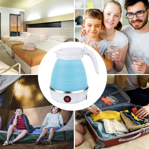 On The Go Portable Electric Kettle 600ml Foldable Tea Coffee Kettle With Collapsible Cup Set Fast 5 Minute Boil BPA Free Food Grade Silicone 110V 400W Ideal For Camping Office Travel in blue, surrounded by lifestyle images of travel, family, and camping settings.