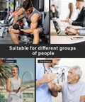 Collage showing bodybuilder, office workers, athlete, and elderly in different activities, captioned suitable for different groups.