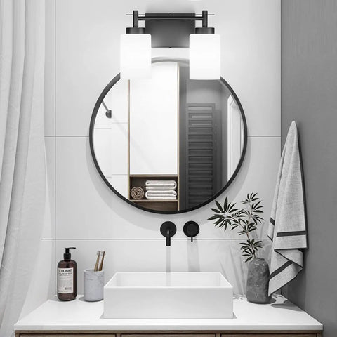Two Light Black Vanity Sconces, Dope Industrial Style Bathroom Lighting Fixture With Milky Glass Shades above modern sink