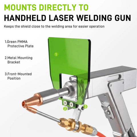 Badass OD5 Plus Green Laser Welding Shield For Handheld Fiber Guns with green PMMA plate and metal mounting on a welding gun.