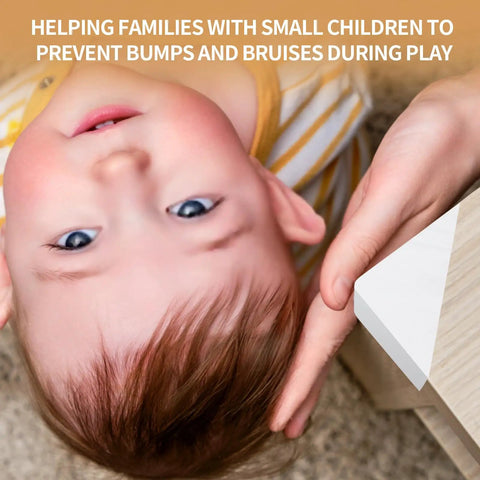 Child playing safely near furniture with protective edge cushion, helping families with small children prevent bumps and bruises.