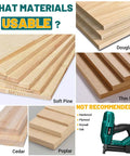 Cordless Electric Brad Nailer And Staple Gun for Upholstery And Woodworking showing usable materials, including Douglas Fir, Soft Pine, Cedar, Thin MDF, Poplar.