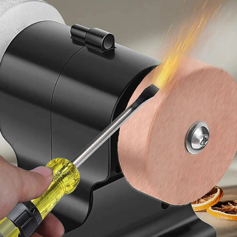 Pocket Sized Cordless Mini Bench Grinder With Killer Copper Motor For Sharpening Polishing And Diy Tasks with fine copper disc in action.