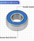10-Pack MR115-2RS Miniature Deep Groove Ball Bearings featuring double rubber seals and chrome steel construction close-up.